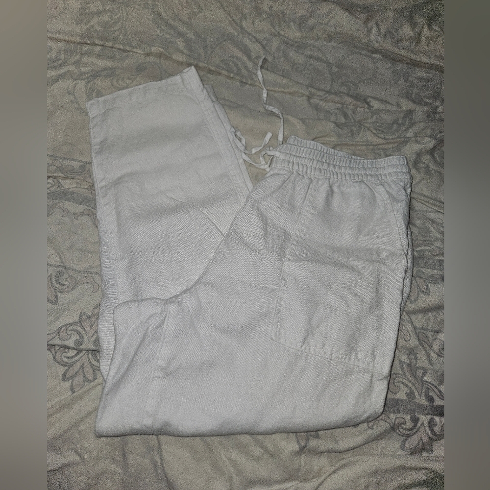 Land’s End Women's White Drawstring High Rise 100% Linen Cropped Pants!